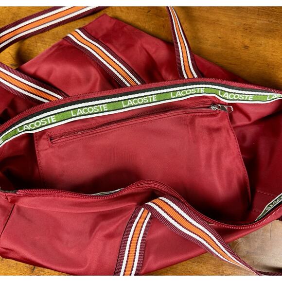 Lacoste Nylon Tote Bag Red Striped Webbed Straps Logo Shoulder Travel 16 X 11.5 - Picture 12 of 16